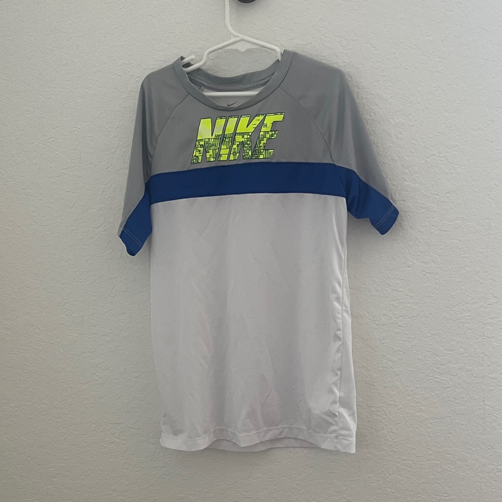 Nike Kids Dri Fit Gray and White Tee with Blue and Neon Accents
